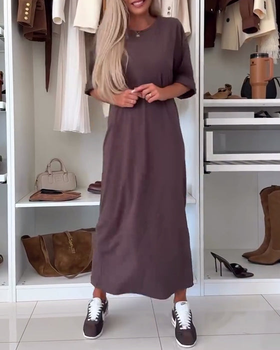 Kleid Uni Rundhals Schlitz Tunika