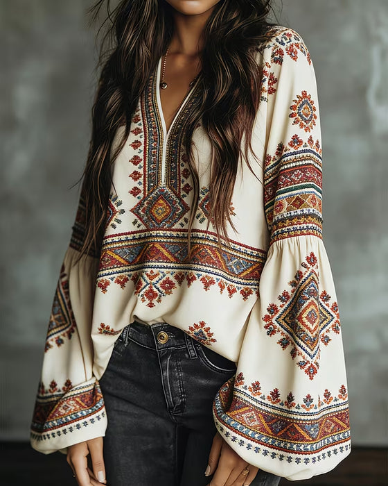 Bluse Ethno Geometrisch Print Laternenärmel