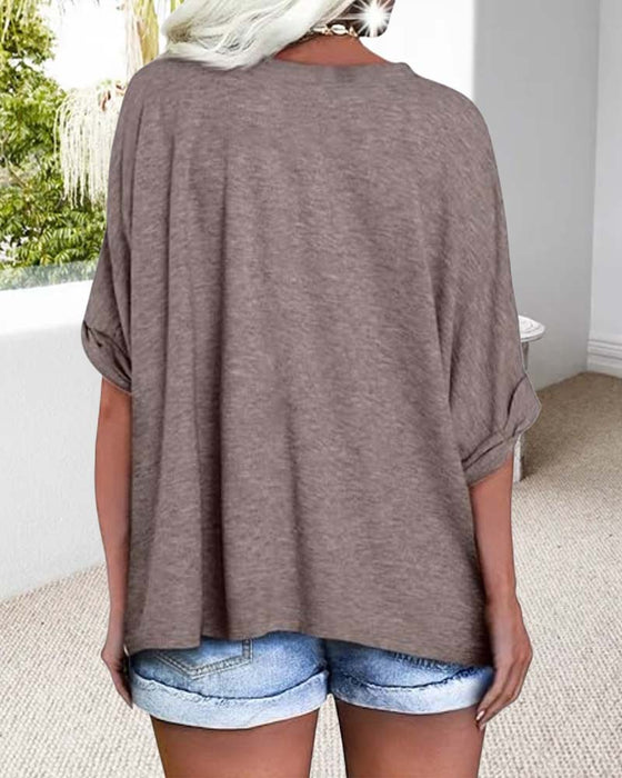 T-Shirt V-Ausschnitt Gerollter Saum Kurzärmlig Weit