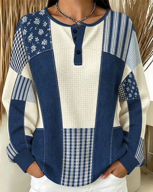 Sweatshirt Rundhals Knopf Blumen Plaid