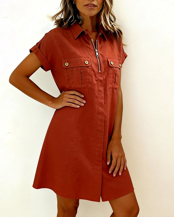 Kleid Reißverschluss Tasche Kurzarm Baumwolle Leinen
