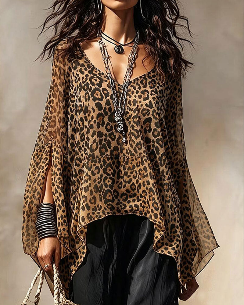 Bluse V-Ausschnitt Leopard Unregelmäßig