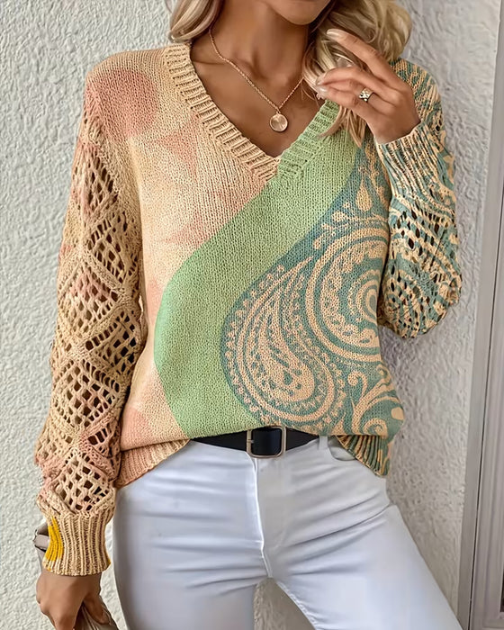 Pullover Farbblock Ausgeschnitten V-Ausschnitt Gestrickt