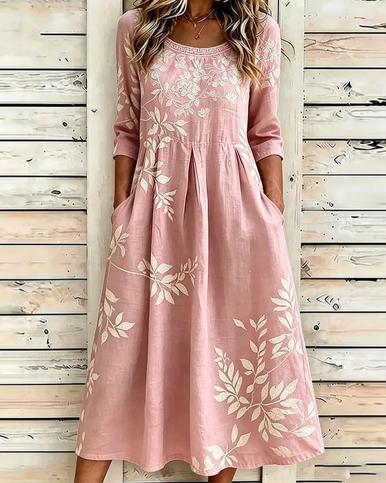 Kleid Rundhals Blumig Weiter Rock