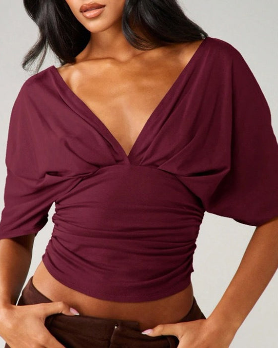 Top V-Ausschnitt Fledermaus Ärmel Taille Binden