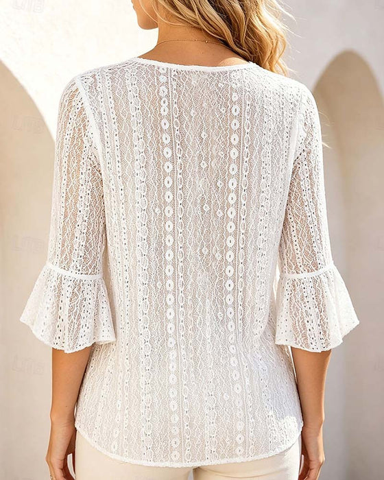 Bluse Rundhals Hollow Out Spitze Patchwork