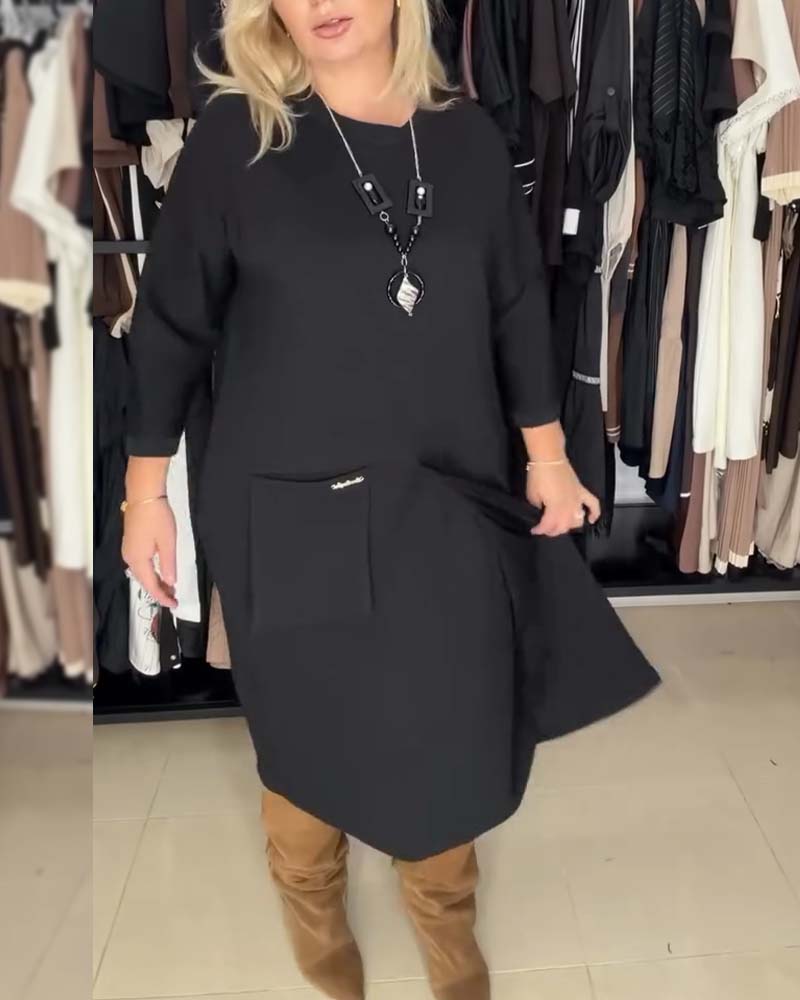 Kleid Rundhals Lockere Passform Uni Farbe