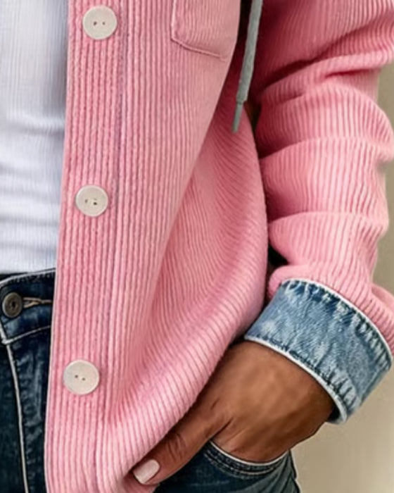 Mantel Kapuze Gerippt Denim Patchwork Geknöpft