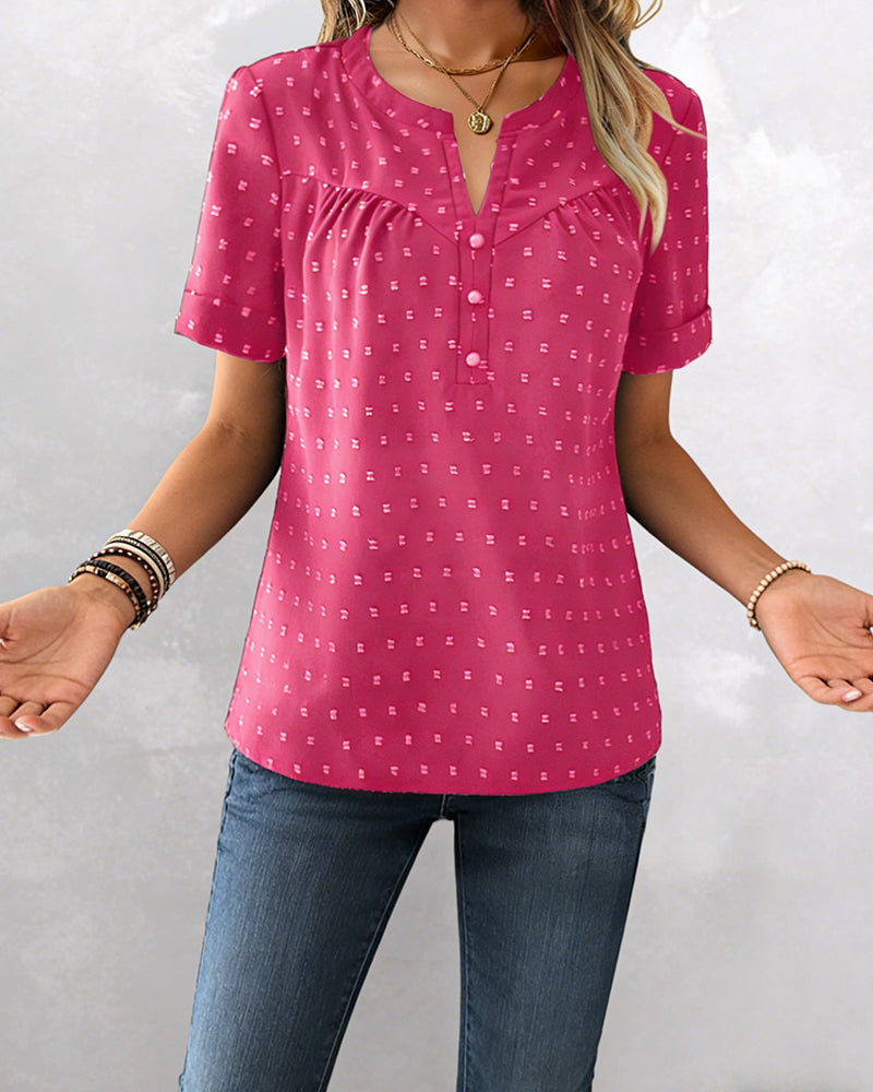 Bluse Jacquard V-Ausschnitt Halbknopfleiste Kurzarm