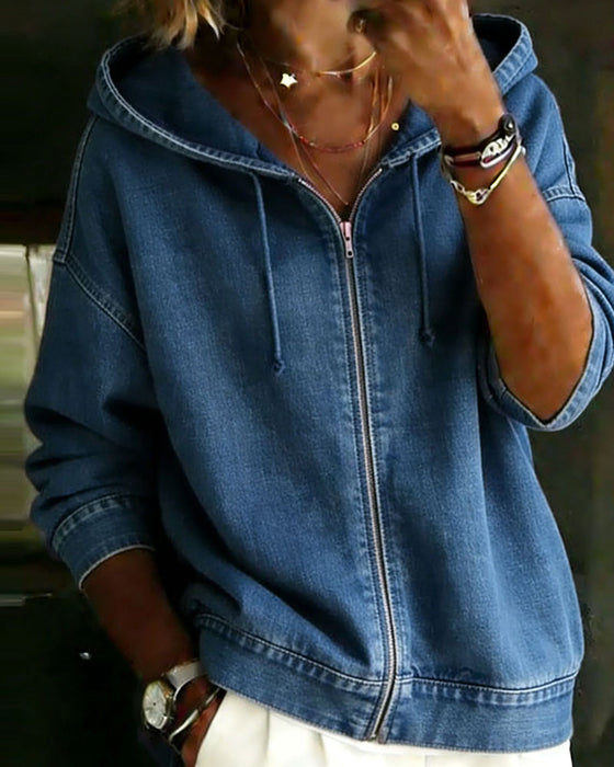 Mantel Kapuze Drop-Ärmel Reißverschluss Denim