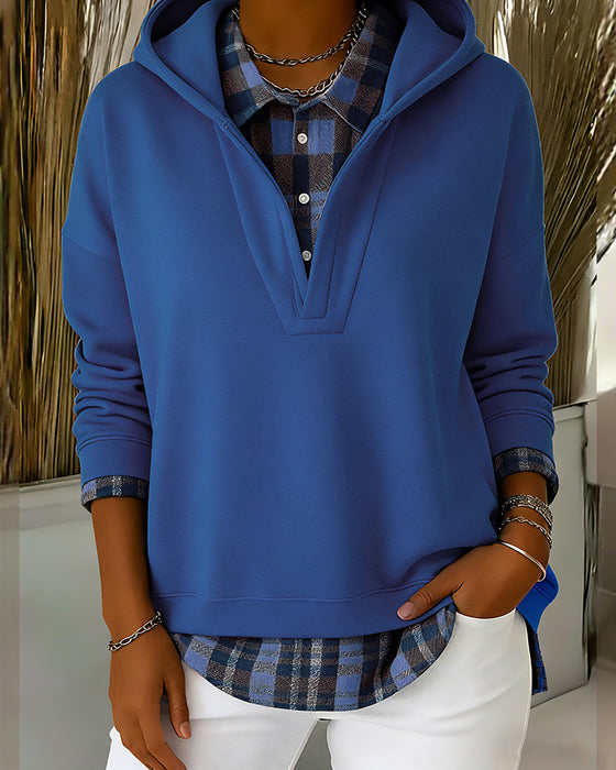 Kapuzenpullover Fake-Zweiteiler kariertes Patchwork