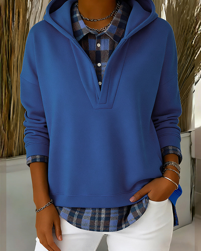 Kapuzenpullover Fake-Zweiteiler kariertes Patchwork