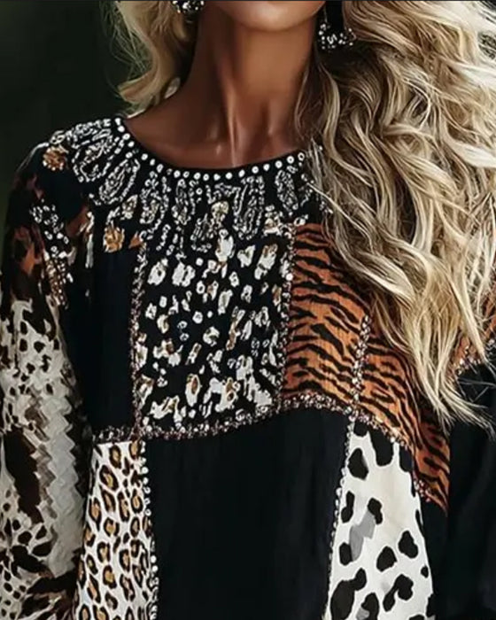 Bluse Rundhals Leopard Tiger Druck Kontrast