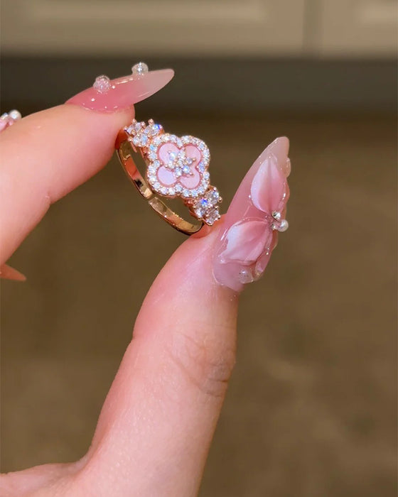 Ring & Armband Rosa Muschel Vierblättriges Kleeblatt