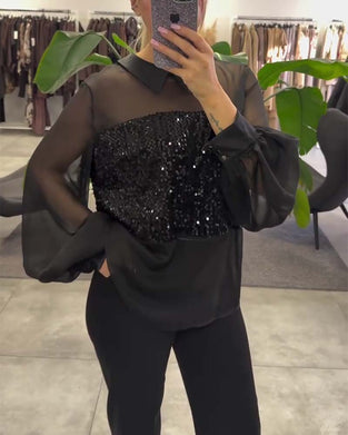 Bluse Uni-Farbe Puffärmel Kragen