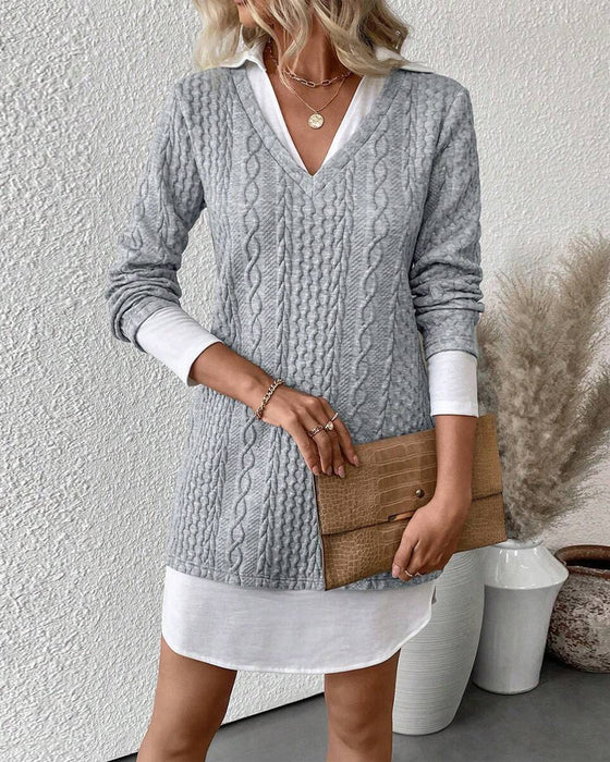 Kleid Hemdkragen Fake Zweiteilig Gestrickt