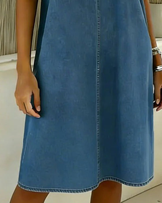 Kleid Lässig V-Ausschnitt Kurzarm Denim