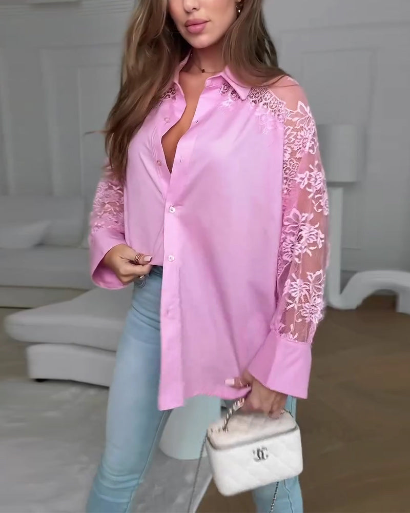 Hemd Elegante Spitze Patchwork Revers