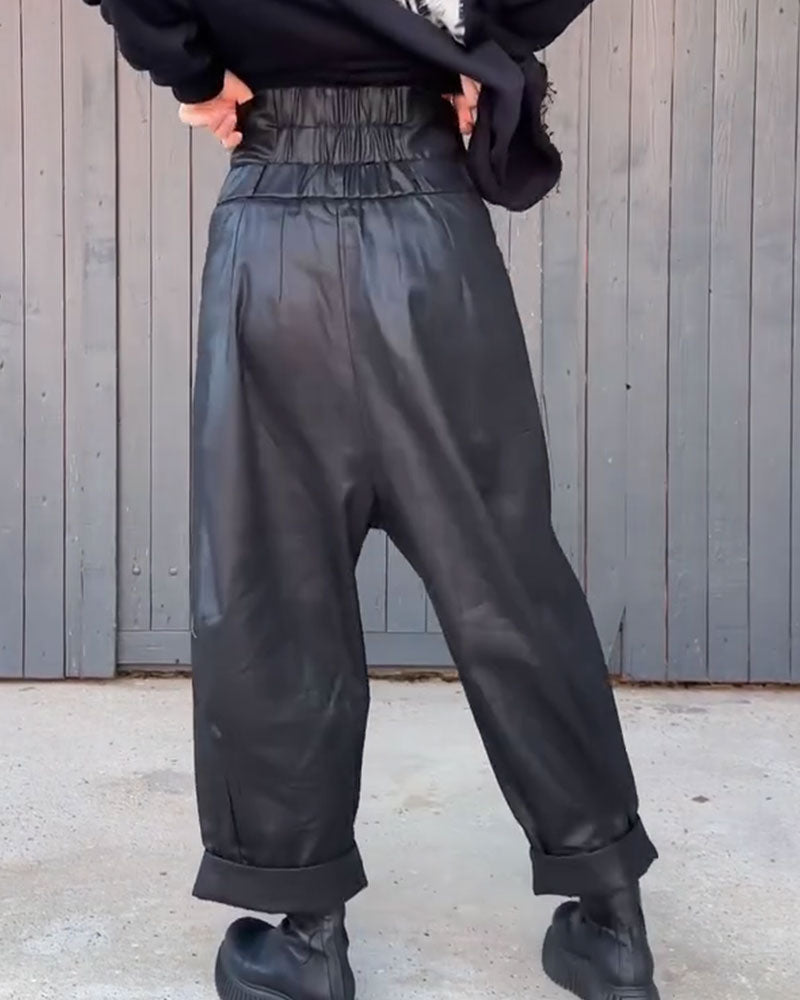 Hose Hohe Taille Weites Bein Aufgerollter Saum