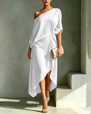 Kleid Off-Shoulder Gerafft Unregelmäßig Einfarbig