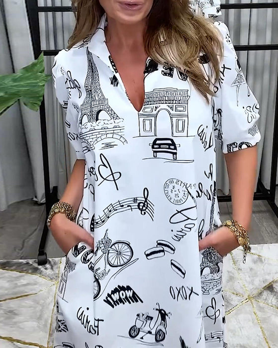 Kleid Laternenärmel Revers Druck