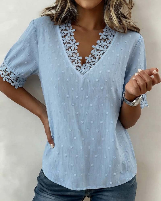 Bluse Spitze V-Ausschnitt 3D Blumig Uni