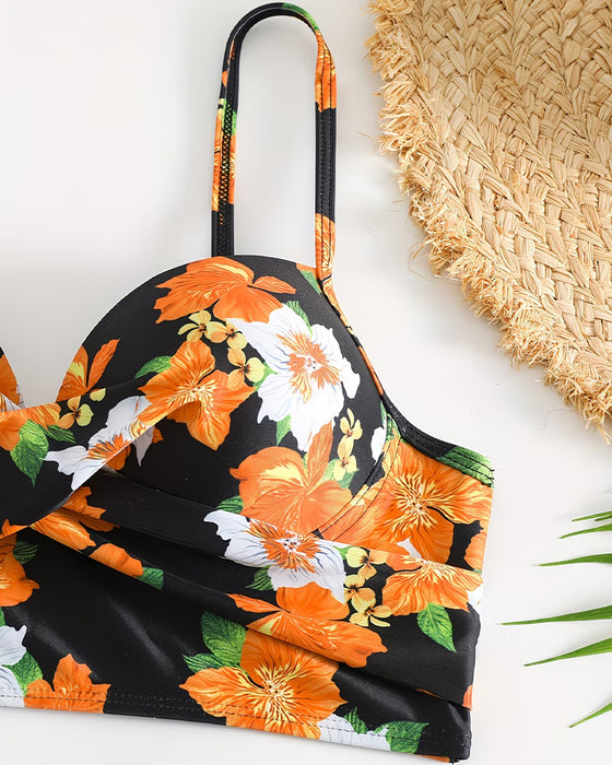 Bikini Farbblock Blumenmuster Geraffte Bindung