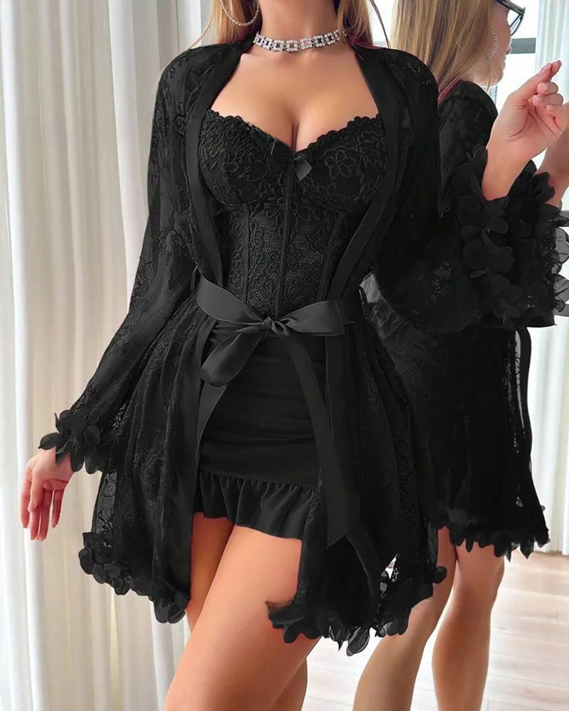 Kleid Spitze Cover-Up Spaghettiträger Spitzenbesatz Pyjama