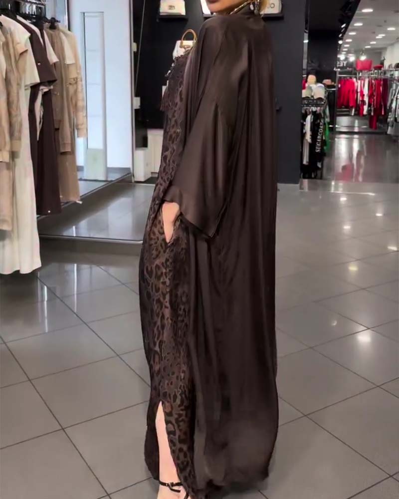 Sets Leopard Spaghettiträger Langes Kleid Und Cardigan