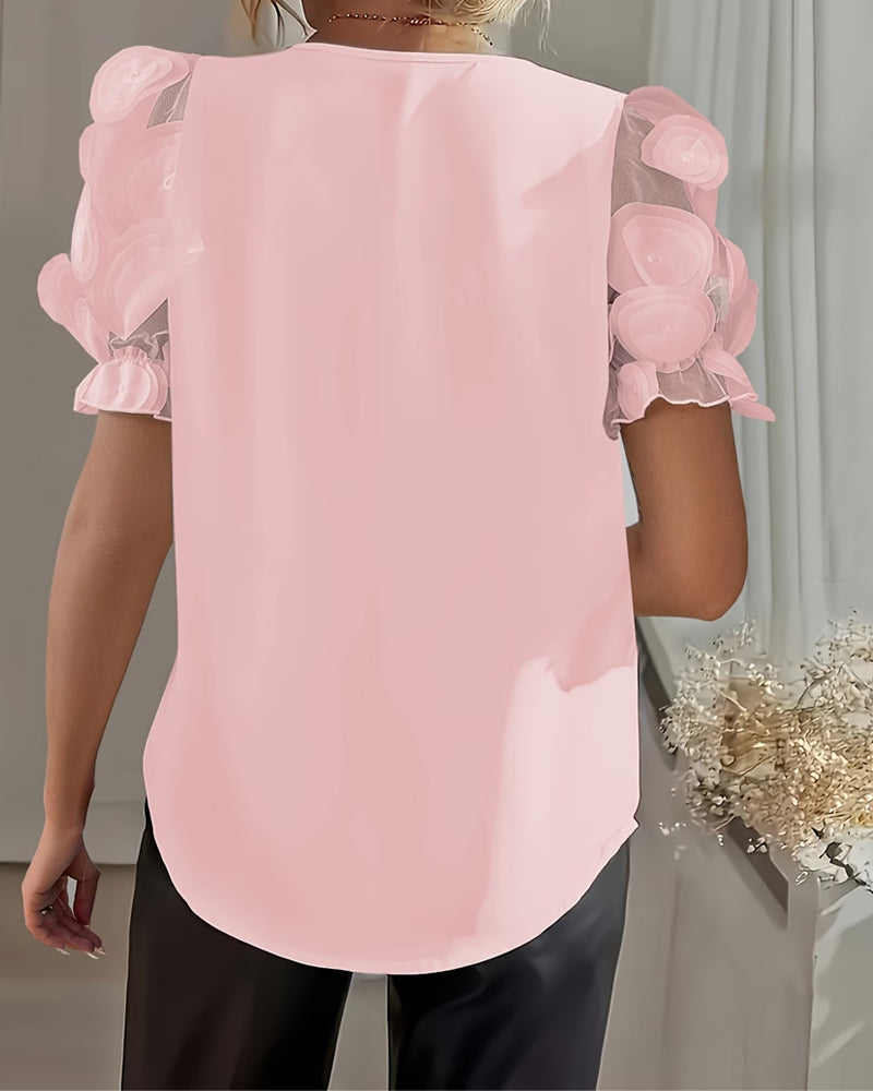Bluse Puffärmel Mesh V-Ausschnitt
