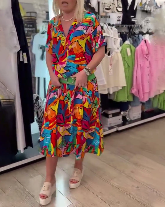 Kleid Reverskragen Bemaltes Muster Kurzarm