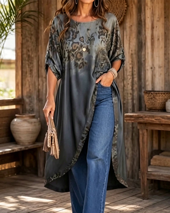Bluse Runder Ausschnitt Leopard Druck Farbverlauf Asymmetrisch