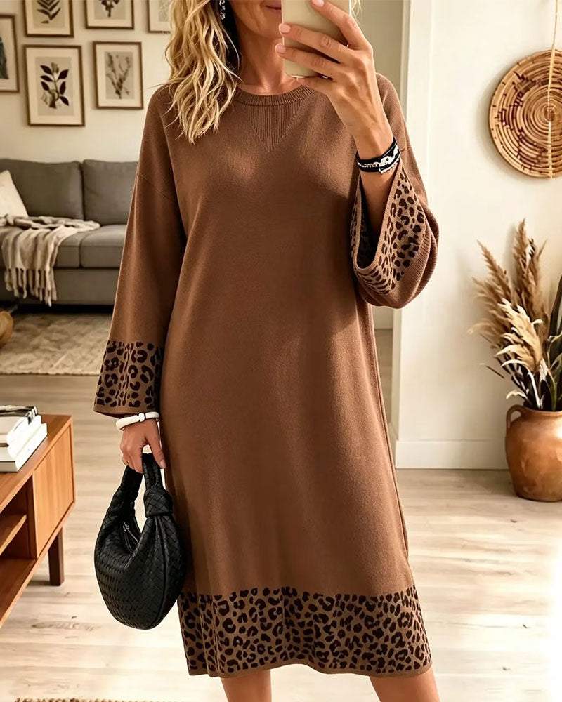 Kleid Leopardenmuster Rundhals Paneel Shift