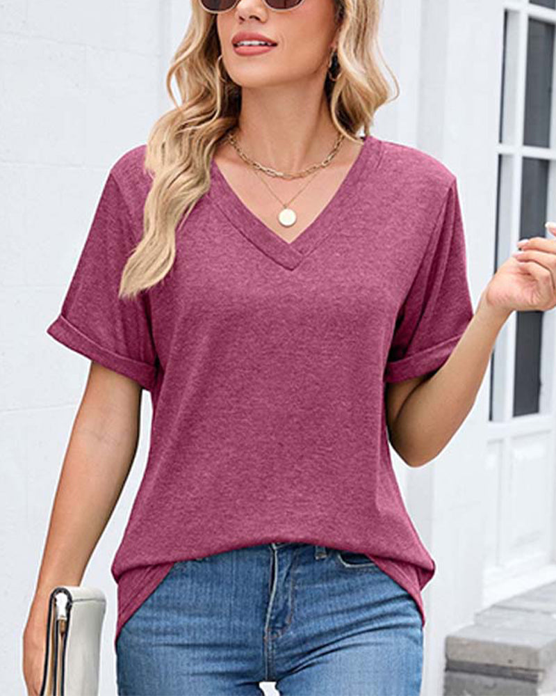 T-Shirt Einfarbig V-Ausschnitt Lässig Kurzarm