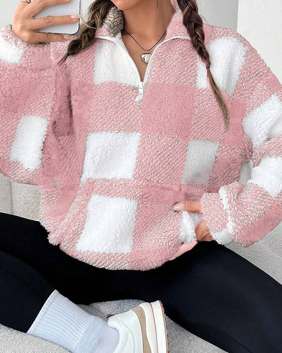 Sweatshirt Halb-Zip Stehkragen Karomuster
