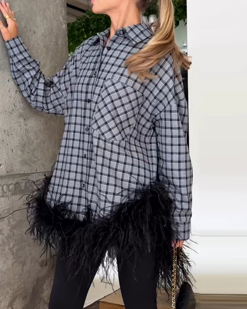 Bluse Straußenfeder Besatz Karo