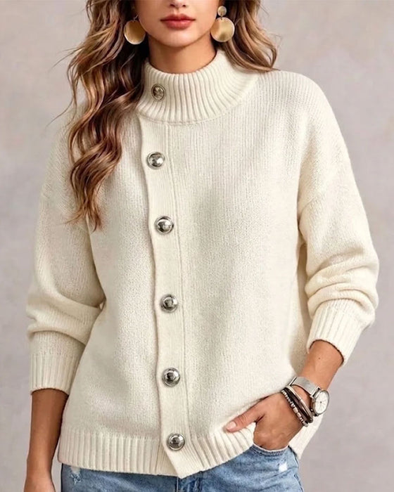 Pullover Rollkragen Diagonaler Knopf Lässig