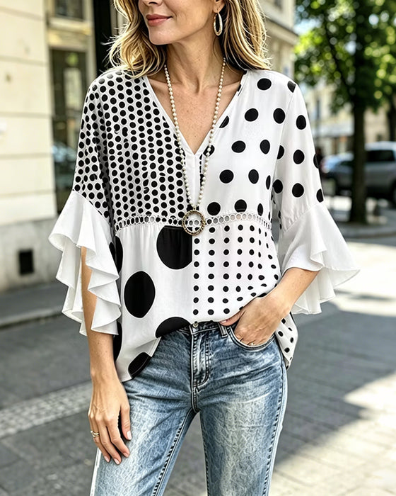 Bluse Gemischtes Pünktchen Patchwork Rüsche
