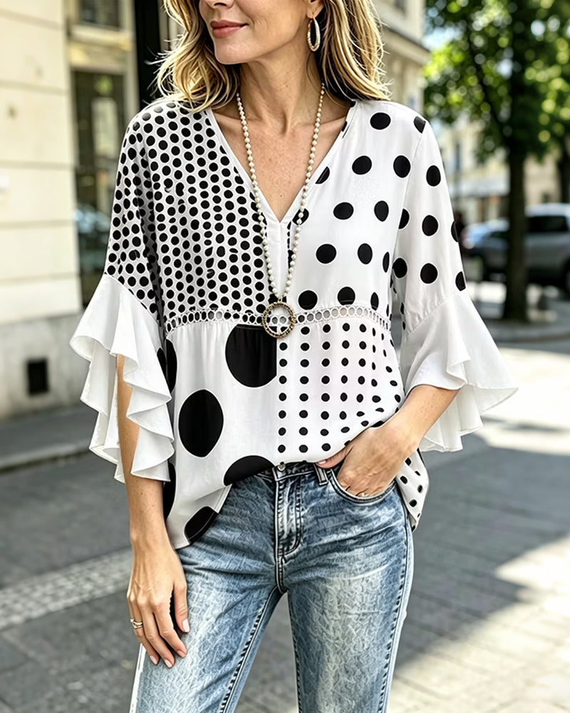 Bluse Gemischtes Pünktchen Patchwork Rüsche