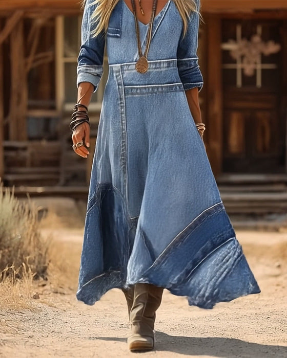 Kleid im Retro-Stil mit V-Ausschnitt, langen Ärmeln und Print