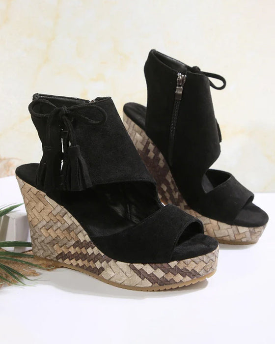 👡Damen-Sandalen mit offener Zehenpartie und Plateau-Keilabsatz und Quaste