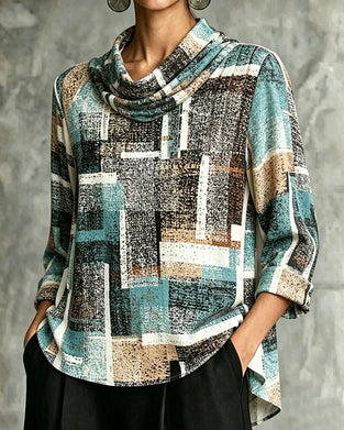 Bluse Geometrischer Druck Slouchy Hals Ellenbogenlang Ärmel