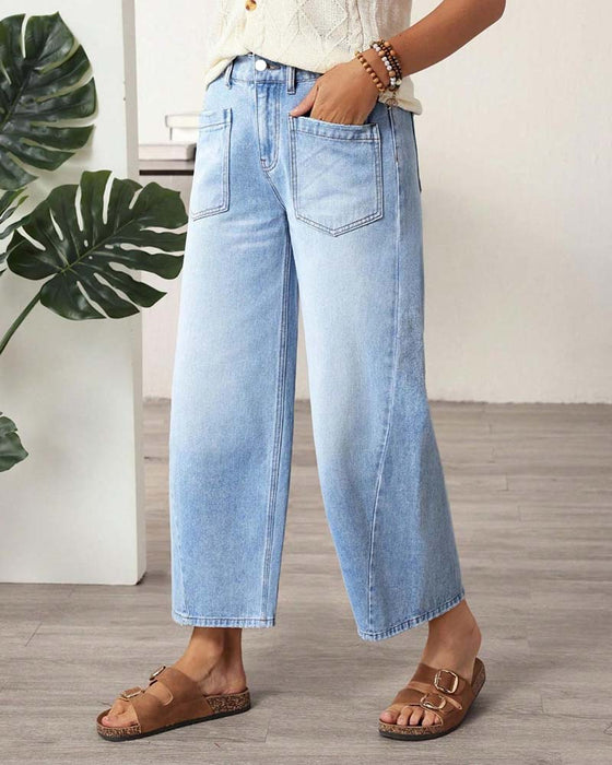 Jeans Denim Elastische Taille Weites Bein Cropped