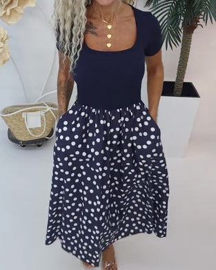 Kleid Quadratischer Ausschnitt Polka Dot Patchwork