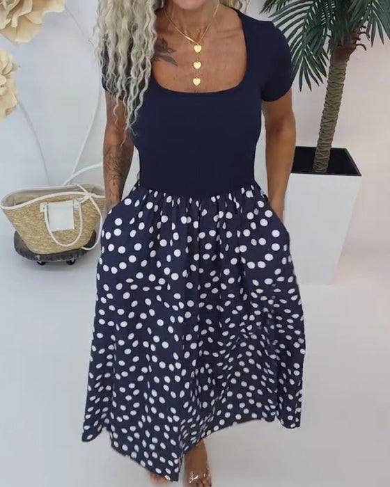 Kleid Quadratischer Ausschnitt Polka Dot Patchwork