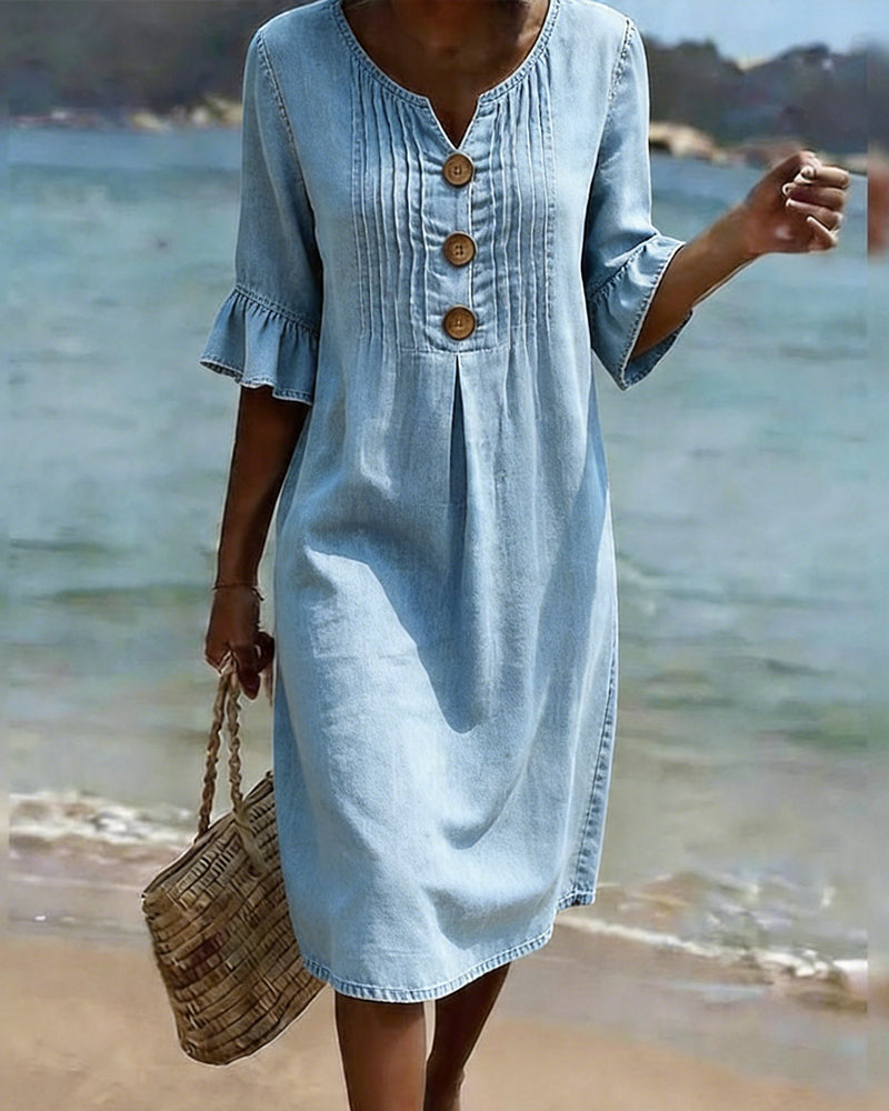 Kleid Rüschenärmel Denim V-Ausschnitt