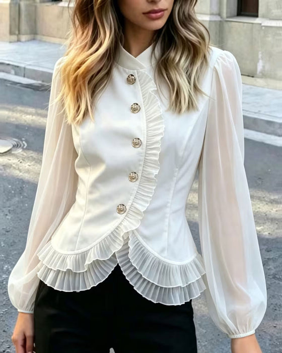 Bluse Mini Mandarin Kragen Sheer Rüsche