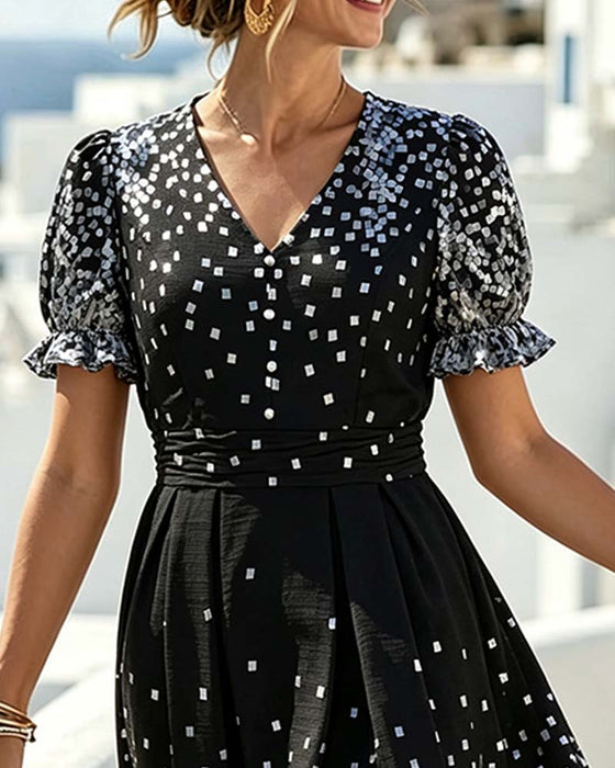 Kleid V-Ausschnitt Taille Puffärmel