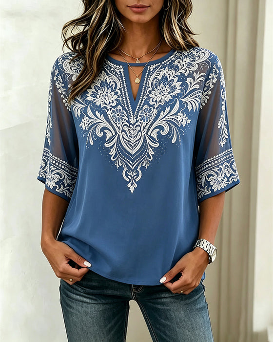 Bluse V-Ausschnitt Sheer Ethnisch Druck