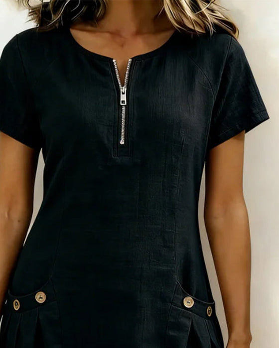 Kleid Reißverschluss Tasche Baumwolle Leinen